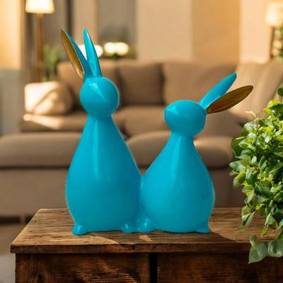 Hasen-/Kaninchenpaar Schauobjekt für Heimdeko Wohnzimmer - Büro Tischdeko Statue - Dekorative Polyresin Figur (20,3 cm, Aquablau)