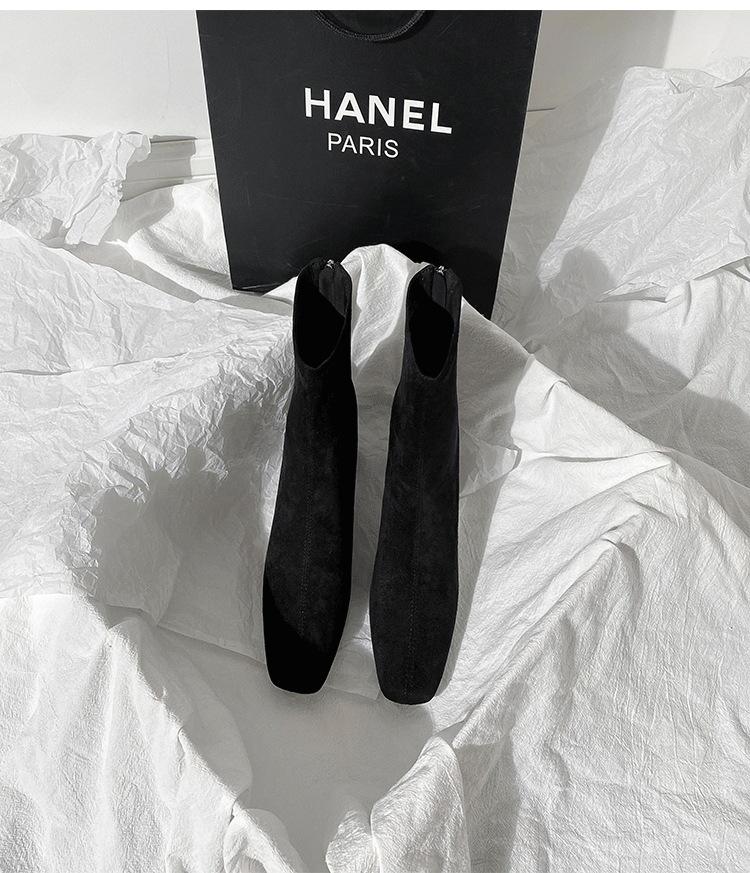 Hnědé krátké boty dámské vysoké podpatky podzim a zima nové semišové zadní zip francouzské malé kotníkové boty silný podpatek elastické čtvercová špička tenké boty