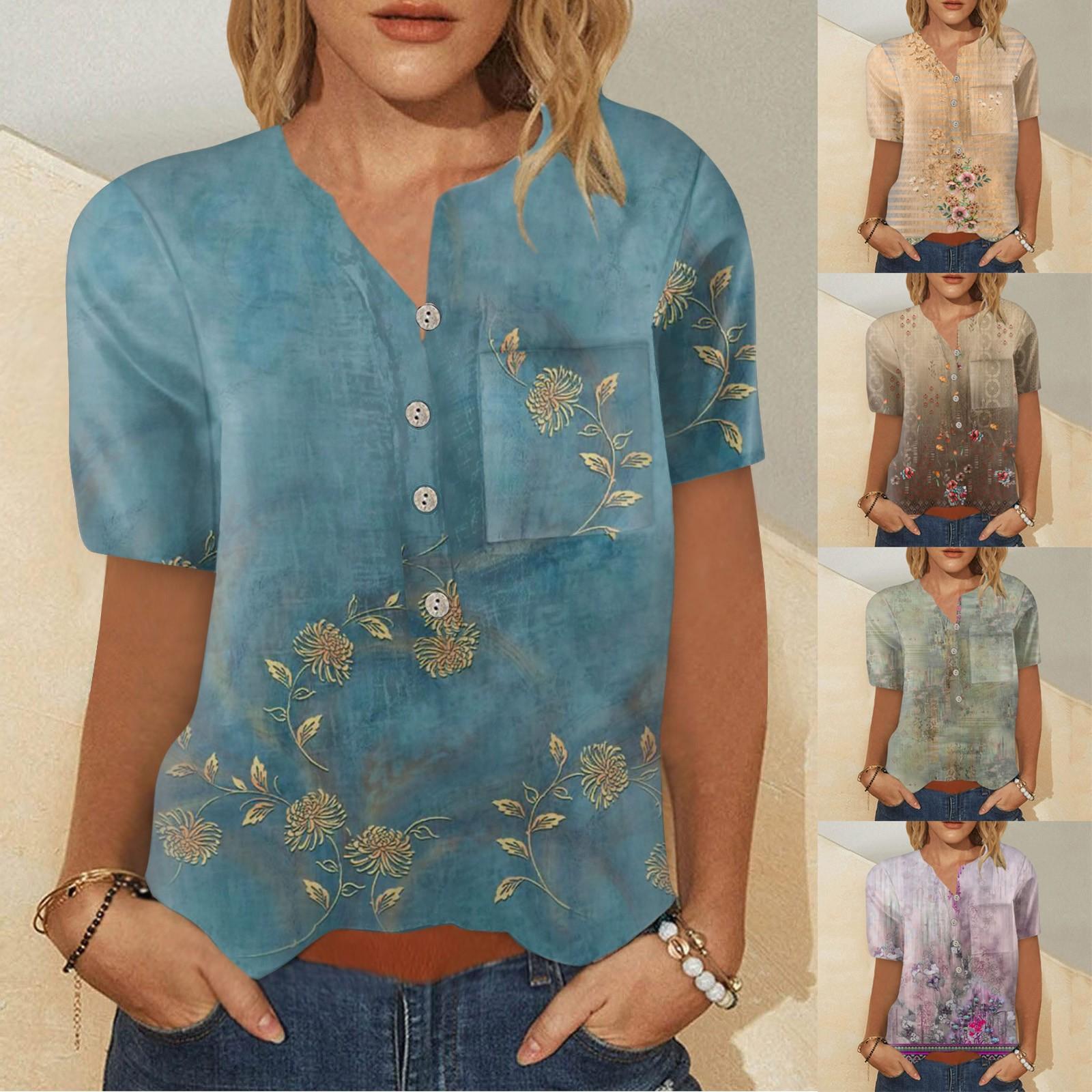 

Женская однобортная рубашка с короткими рукавами в стиле ретро с цветочным принтом и футболкой с карманами Верх