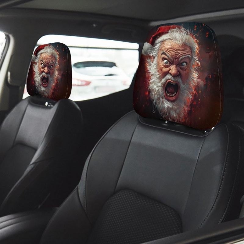Festive Vehicle Headrest Accent Covers, Santa Christmas Slip-On Polyester Set for Winter Driving and Car Styling