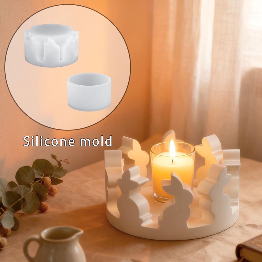 DIY Easter Bunny Round Candle Holder Resin Mold, Plaster Bunny Decoration Silicone Mold for Desktop Storage
