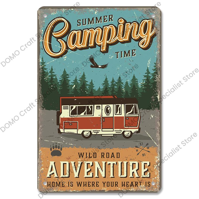 Camping Abenteuer Plaketten Vintage Metall Platte Berg Reise Campervan Touren Retro Metall Zeichen Wand Dekor Reise Club Camping Autos