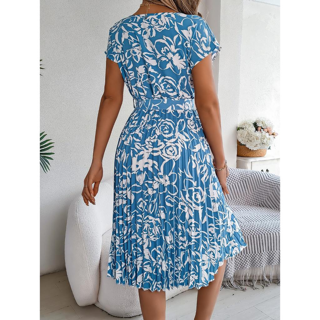 QICED Spring Summer Elegant Floral Short-sleeved Wide-swing Pleated Dress for Women's Wear