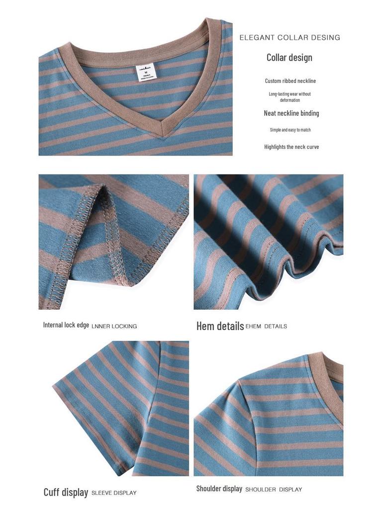 Striped Color Block V-Neck Retro Short Sleeve Women's Stylish Summer Top - New Arrival 