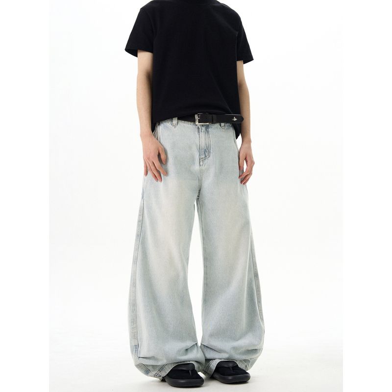 Kisko Vintage Washed Distressed Drapey Scimitar Jeans Unisex Trendy Brand Loose Straight Pants Trendy