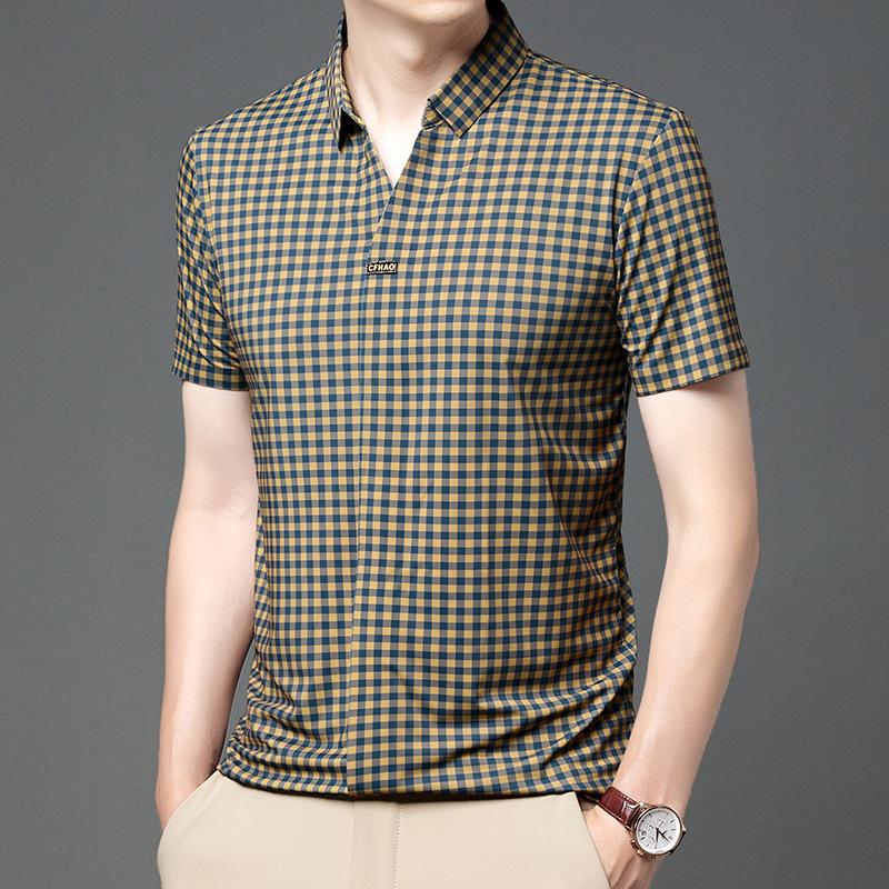 Nuova Polo a Maniche Corte a Quadri Senza Cuciture e Senza Stiro da Uomo Estiva Casual da Uomo T-shirt con Risvolto da Uomo