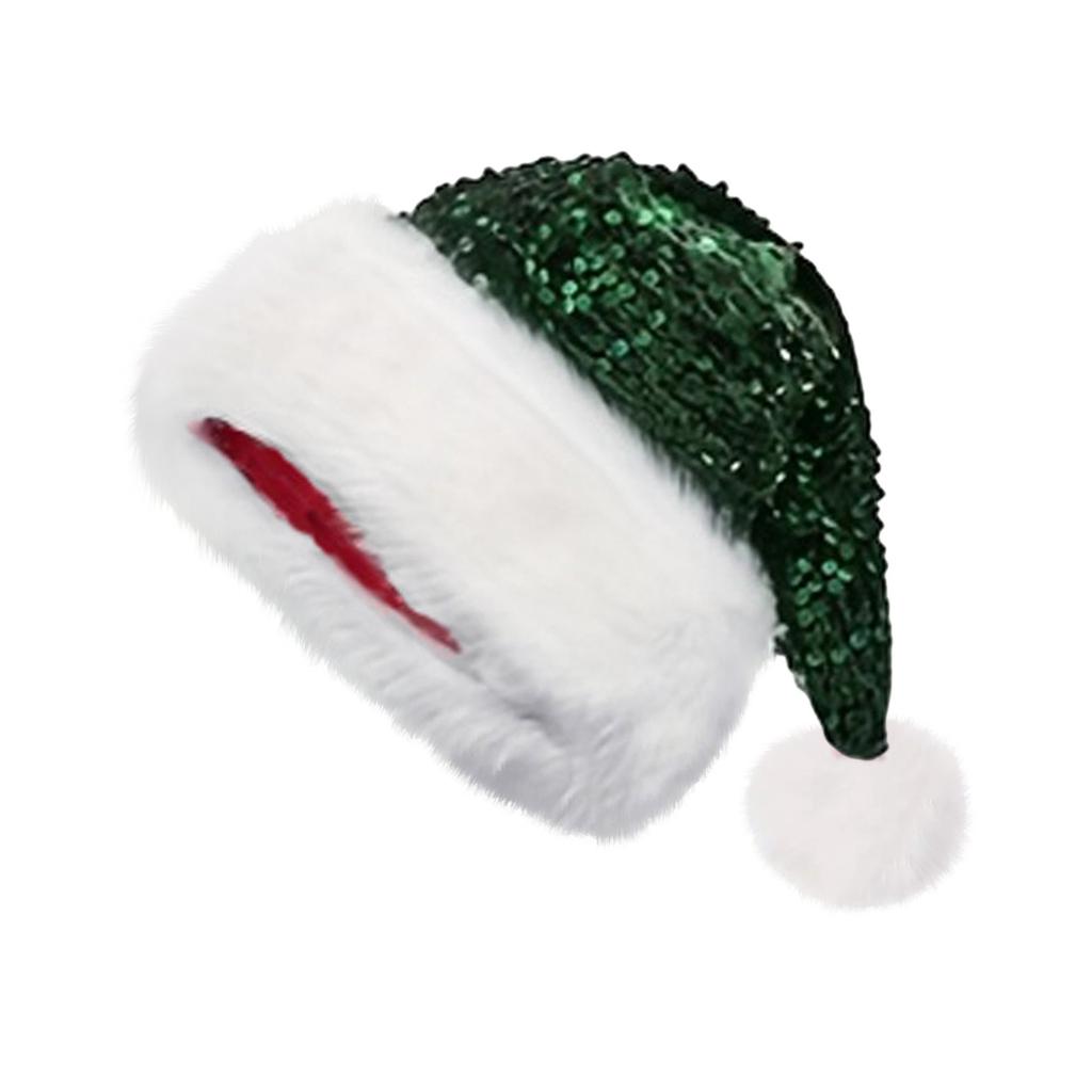 1PC Double-layer Sequined Christmas Hats Christmas Decorations Sequin Plush Hat Plush Thickened Christmas Cap with Fluffy Pompom