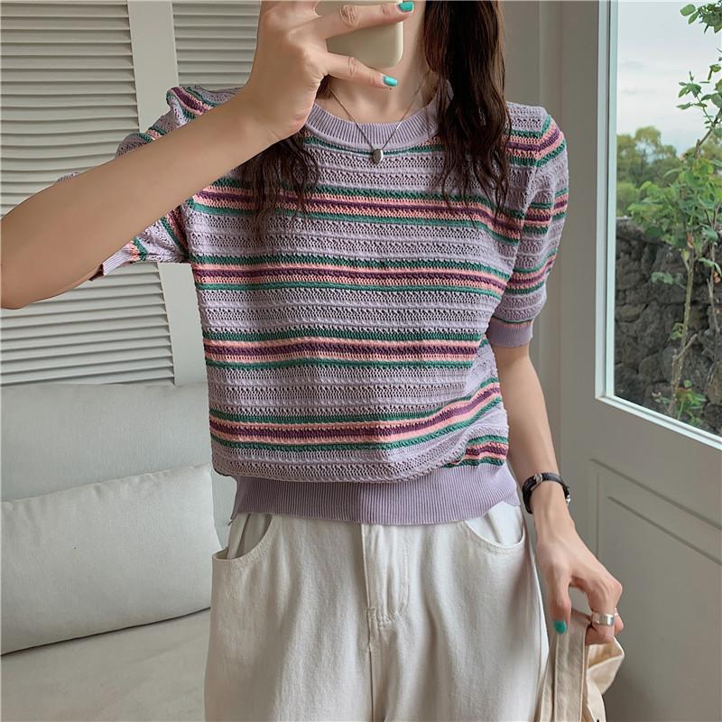 

Layer Cake Round Neck Hollow Short-sleeved Knit Shirt Summer Design Sense Niche Tops Casual Essential Comfort and Style Slim Fit Pullovers Tees One Size фіолетовий