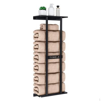 Towel Rack Wall Mounted Holder with Shelf Iron Black Storage Rolled Towels Organizer for