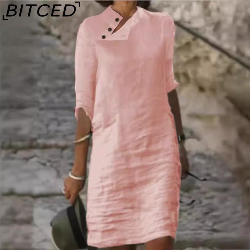 BITCED Women's Fashion Summer Spring Solid Color Print Short Sleeve High Waist Casual Dresses