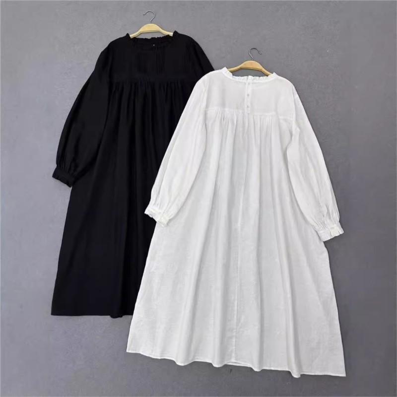Johnature Japonské ženy Lesní šaty Vintage akordeon plisovaná krajka Volné Jednoduché Jednobarevné Podzimní Dámské Šaty