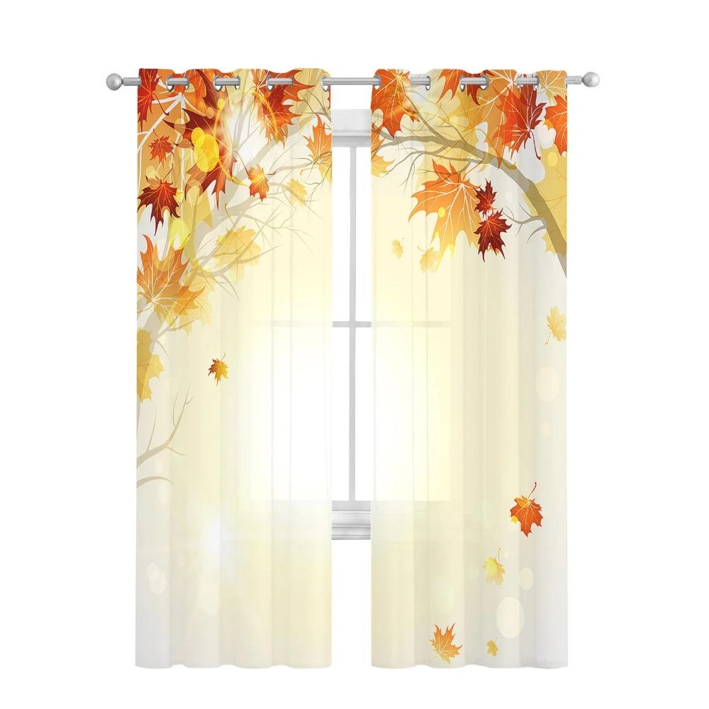 Autumn Leaves Golden Yellow Maple Leaf Fine Netting Transparent Drapes Perfect for Living Room Decoration Window Panel Curtain for Bedroom Sheer