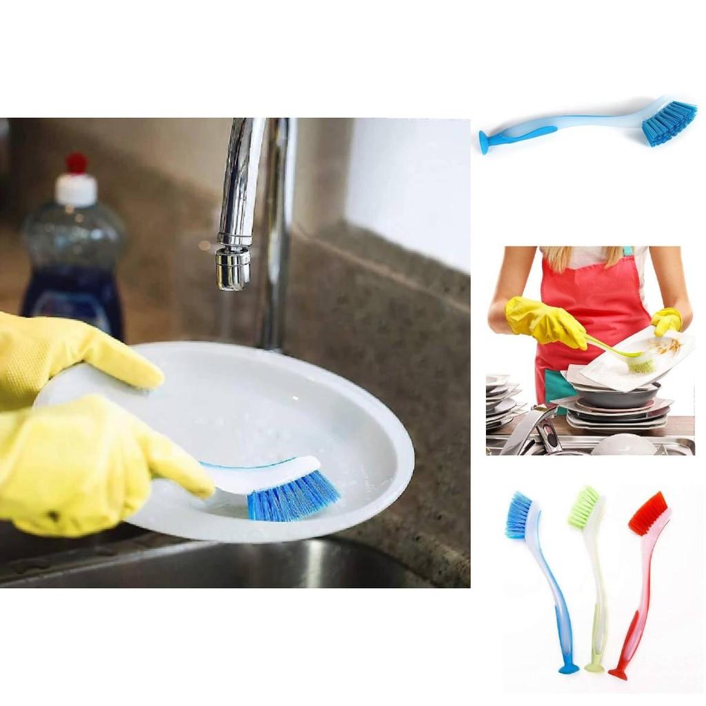 Plastic Dish Cleaning Brush With Suction Cup And Long Handle For Kitchen Scrubbing Tasks