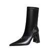 Fashion Fashion Simple Warm Mid-Calf Chunky Block Heels Women Boots Pointed High-Heeled Pu Leather Slimming Boots Autumn Winter