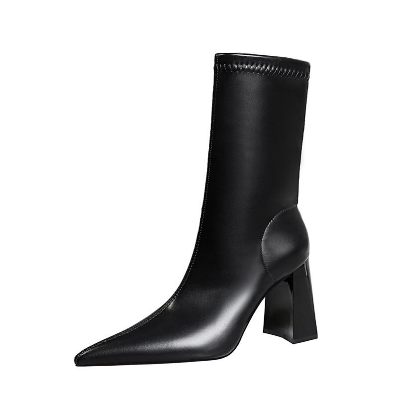 Fashion Fashion Simple Warm Mid-Calf Chunky Block Heels Women Boots Pointed High-Heeled Pu Leather Slimming Boots Autumn Winter