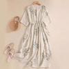 Summer Dress Women Long Print Elegant Clothing Vintage Elastic Waist Korean Beach Style V-Neck Robe
