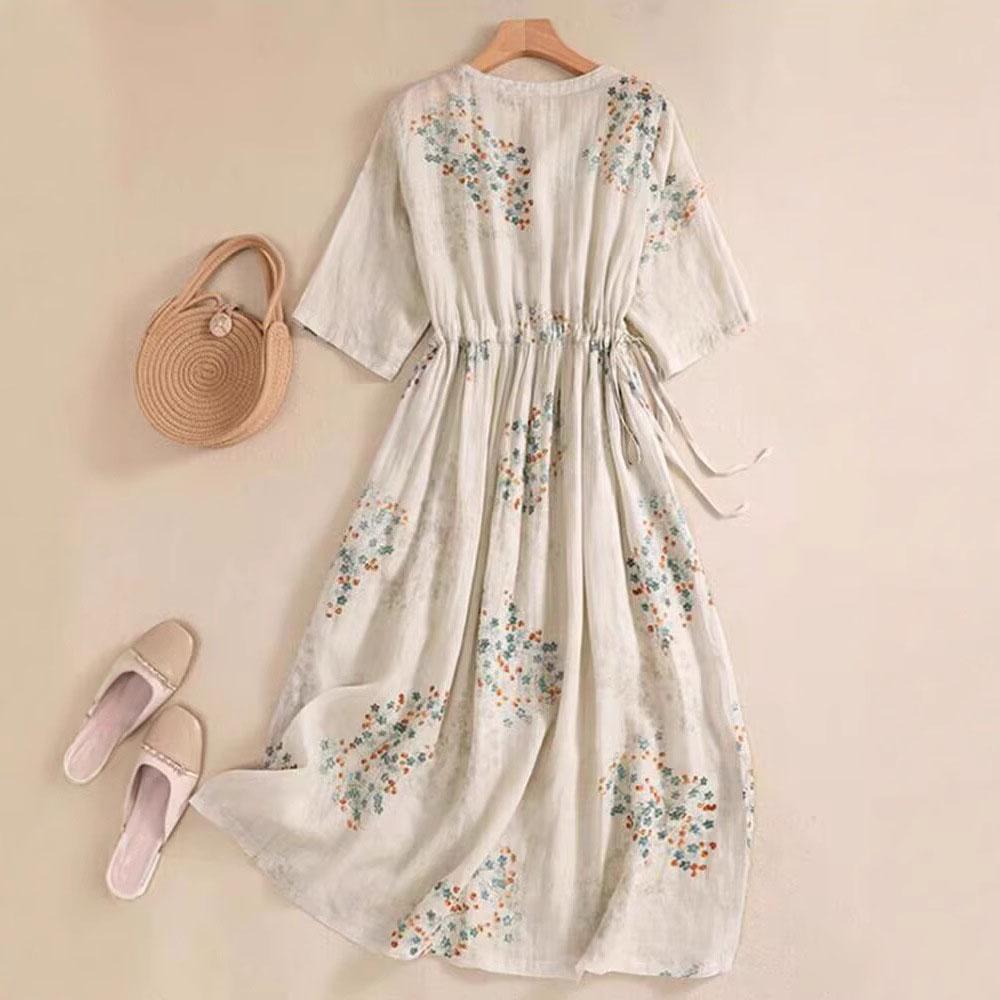 Summer Dress Women Long Print Elegant Clothing Vintage Elastic Waist Korean Beach Style V-Neck Robe