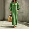 Women's V Neck Button Front Puff Sleeve Maxi Dress Solid Color Casual Dress