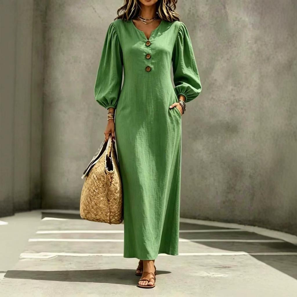 Women's V Neck Button Front Puff Sleeve Maxi Dress Solid Color Casual Dress