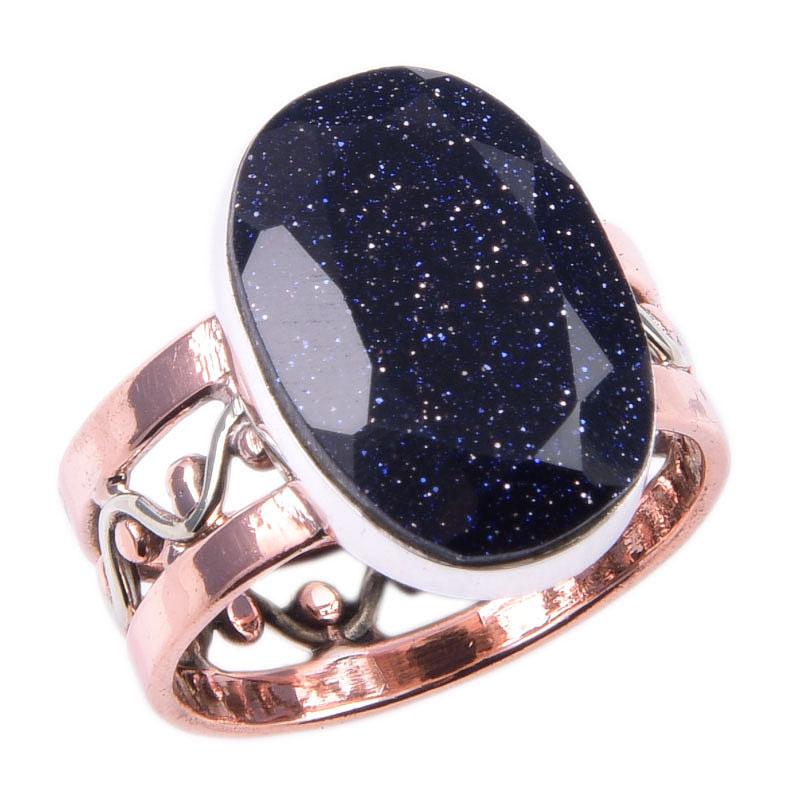 Natural Blue Sunstone Gemstone 925 Sterling Silver Two Tone Ring Size 7.5 H2i55