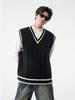 Unisex Retro Japanese Color Block V-neck Knit Vest, Basic Loose Sleeveless Sweater, Versatile Niche Style