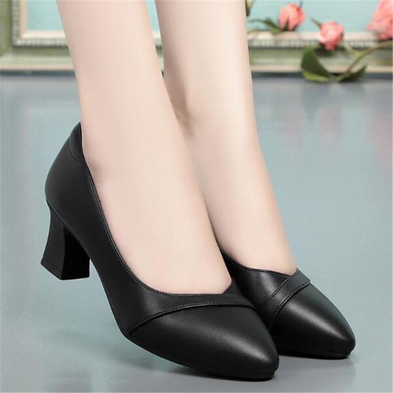High Quality Thick Heeled Single Shoes Women's 2025 New High Heeled Shallow Mouth Comfortable Genuine Leather Office Women Shoes
