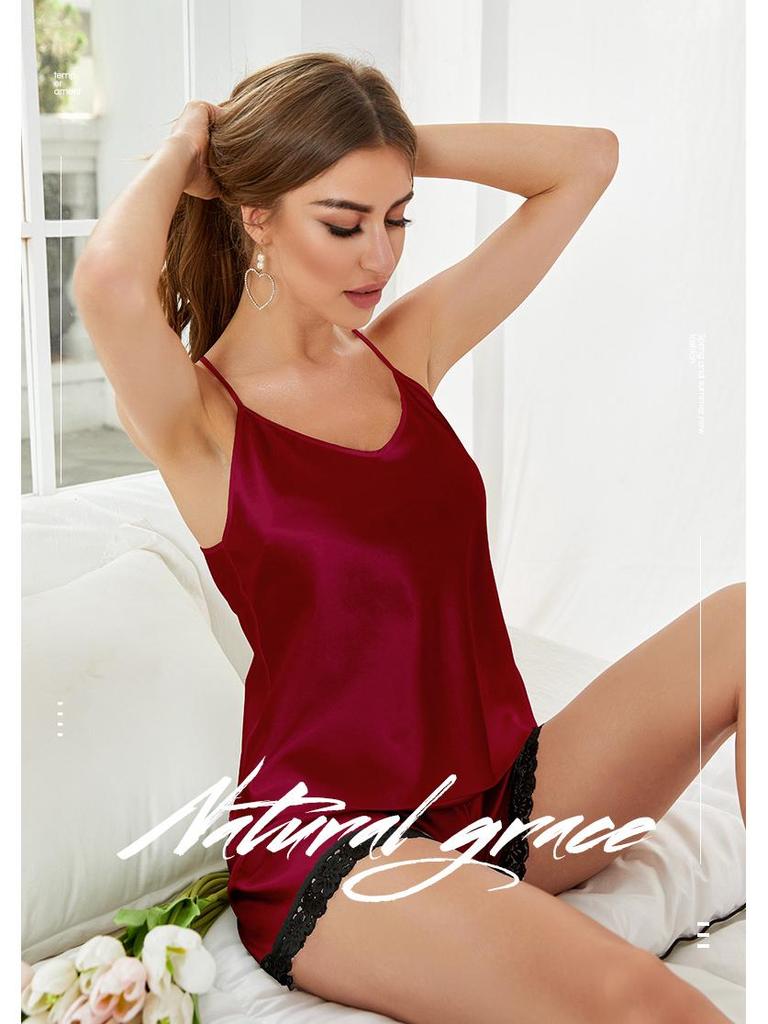 Women's Summer Ice Silk Lace Pajama Set - Camisole and Shorts