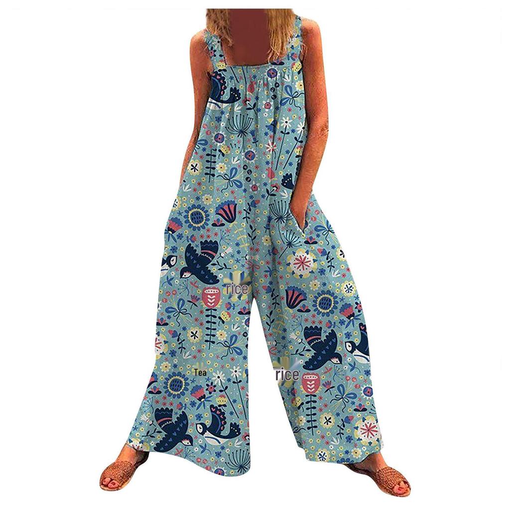 2026 Summer Plus-Size Women's Printed Strappy Wide-Leg Jumpsuit
