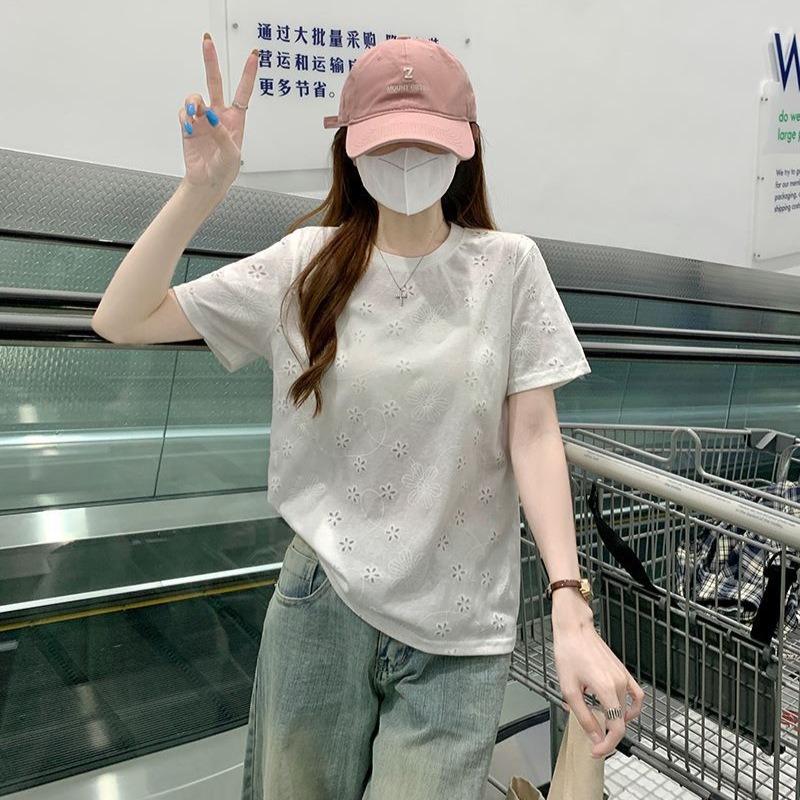 Summer Front Shoulder Short-sleeved T-shirt Women's Korean Design Sense White Embroidery Hollow Round Neck Women's New Top