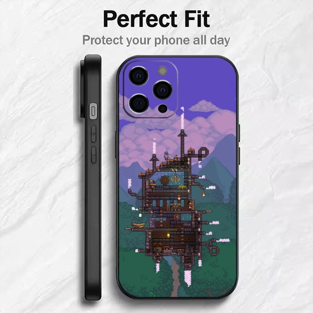 

Creative T-Terraria House Print Phone Case For iPhone17,16,15,14,13,12 Plus,Max Soft Silicone Black Cover iPhone12