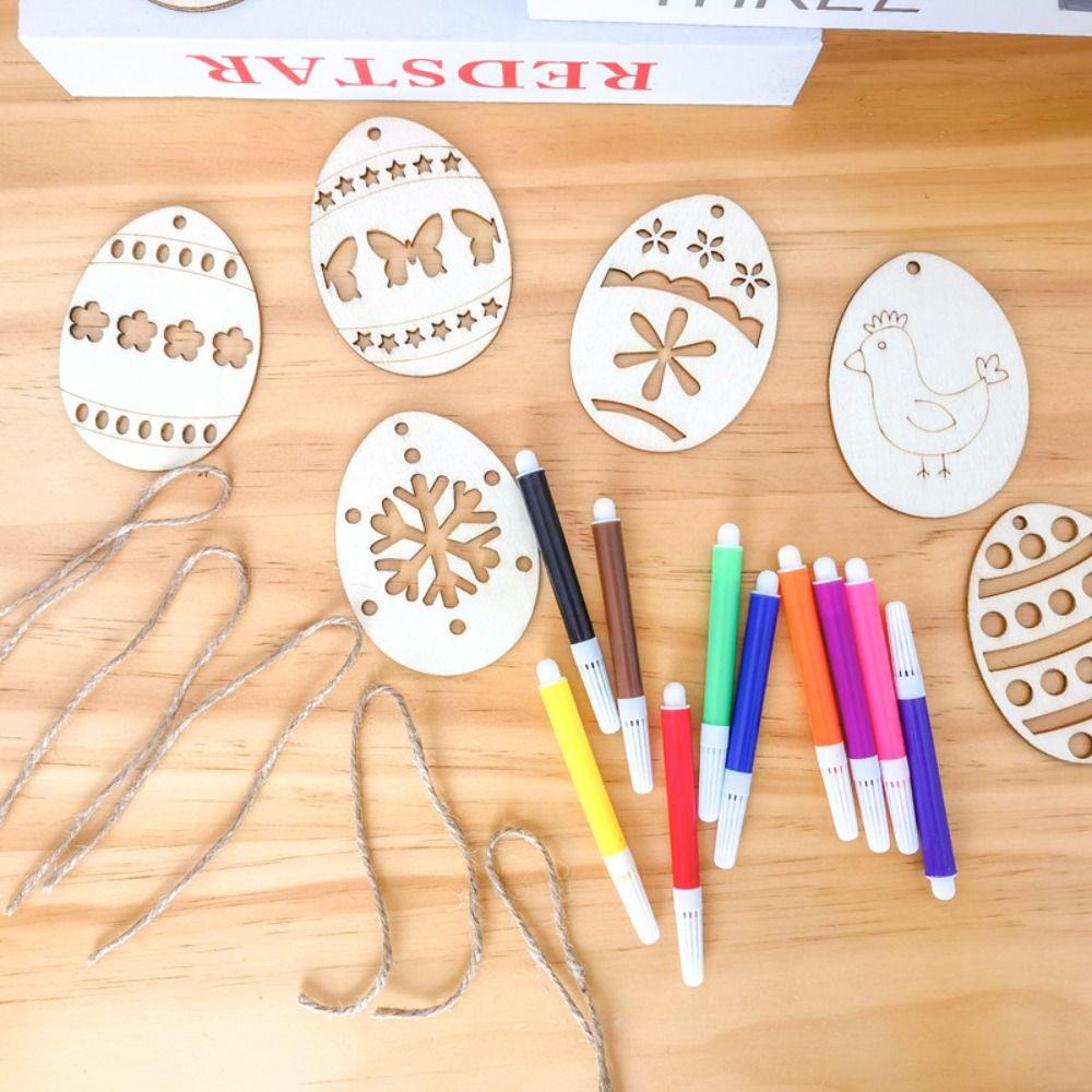 

10pcs Egg Shape Easter Wooden Rabbit Egg Pendants Wood Egg Hanging Ornament Home Decoration