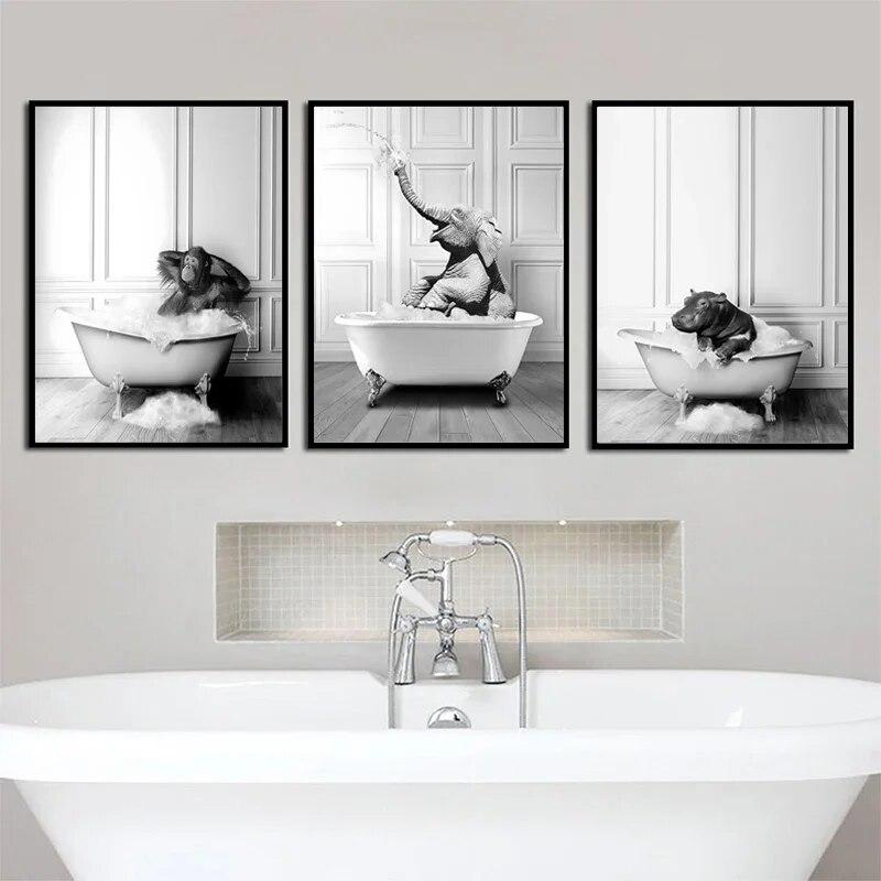 Black White Animals Elephant Penguin Giraffe In Tub Bathroom Wall Art Canvas Painting Posters and Prints Wall Picture Room Decor