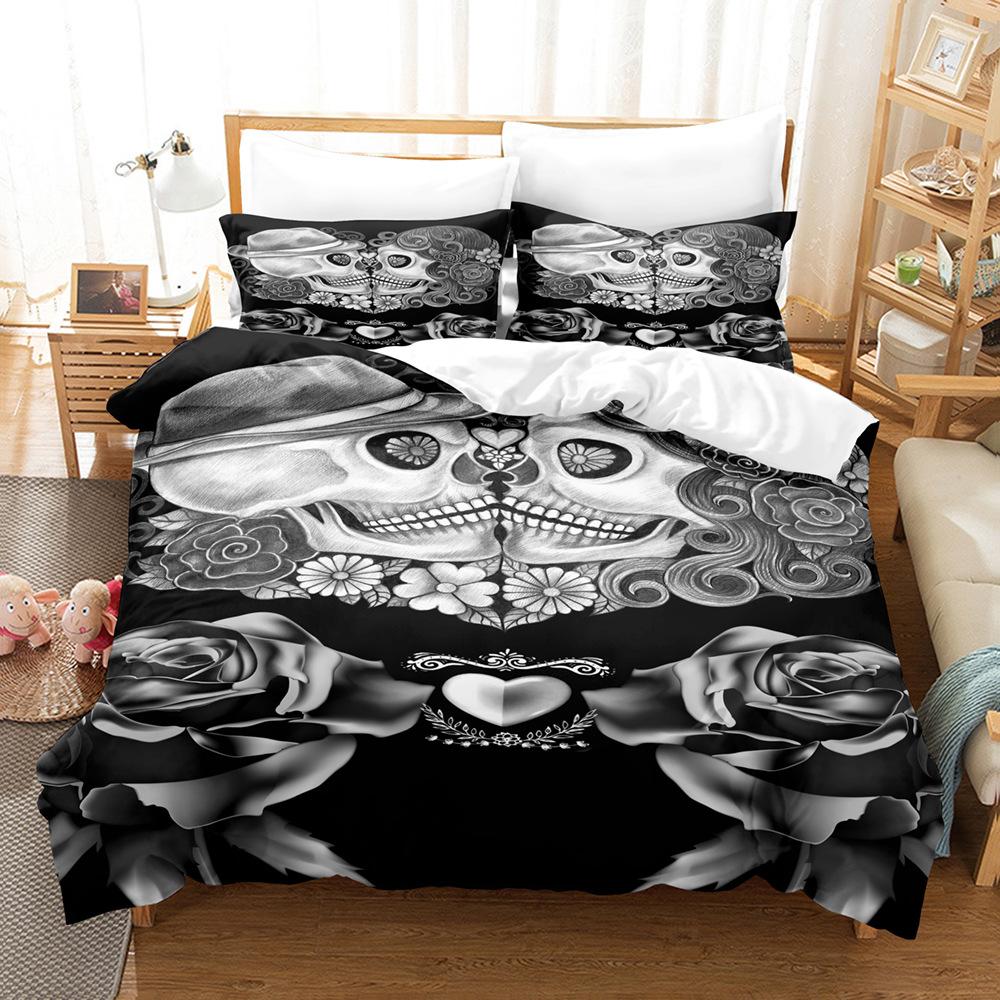 3D-Paar-Schädelkopf-Serie, Bettwäsche-Set, Halloween-Horror-Bettbezug und Kissenbezug, 2/3-teilig, AU/US/UK/DE, volle Größe, Heimdekoration