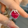 Luxury Open Ring with Simulated Ruby Vintage Cushion Cut Red Corundum High Carbon Diamond Ring for Women