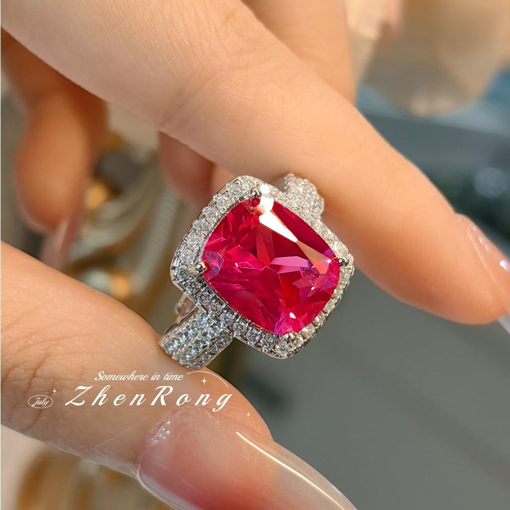 Luxury Open Ring with Simulated Ruby Vintage Cushion Cut Red Corundum High Carbon Diamond Ring for Women