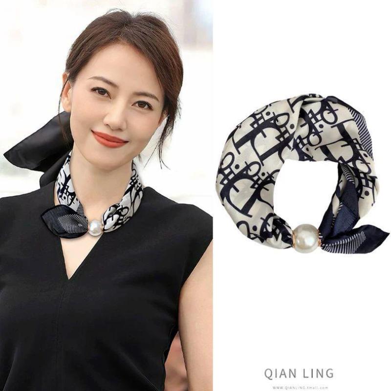 Thin Pearl Necklace with Magnetic Clasp, Lazy-style Silk Scarf, Women's Pendant Scarf, Collarbone Chain