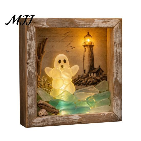 Desktop Mantel Decor Halloween Shadow Box Frame DIY Lighted Craft Kit, Wooden Night Light with Kit for Adults Sea Glass Stones, Gothic LED Memory