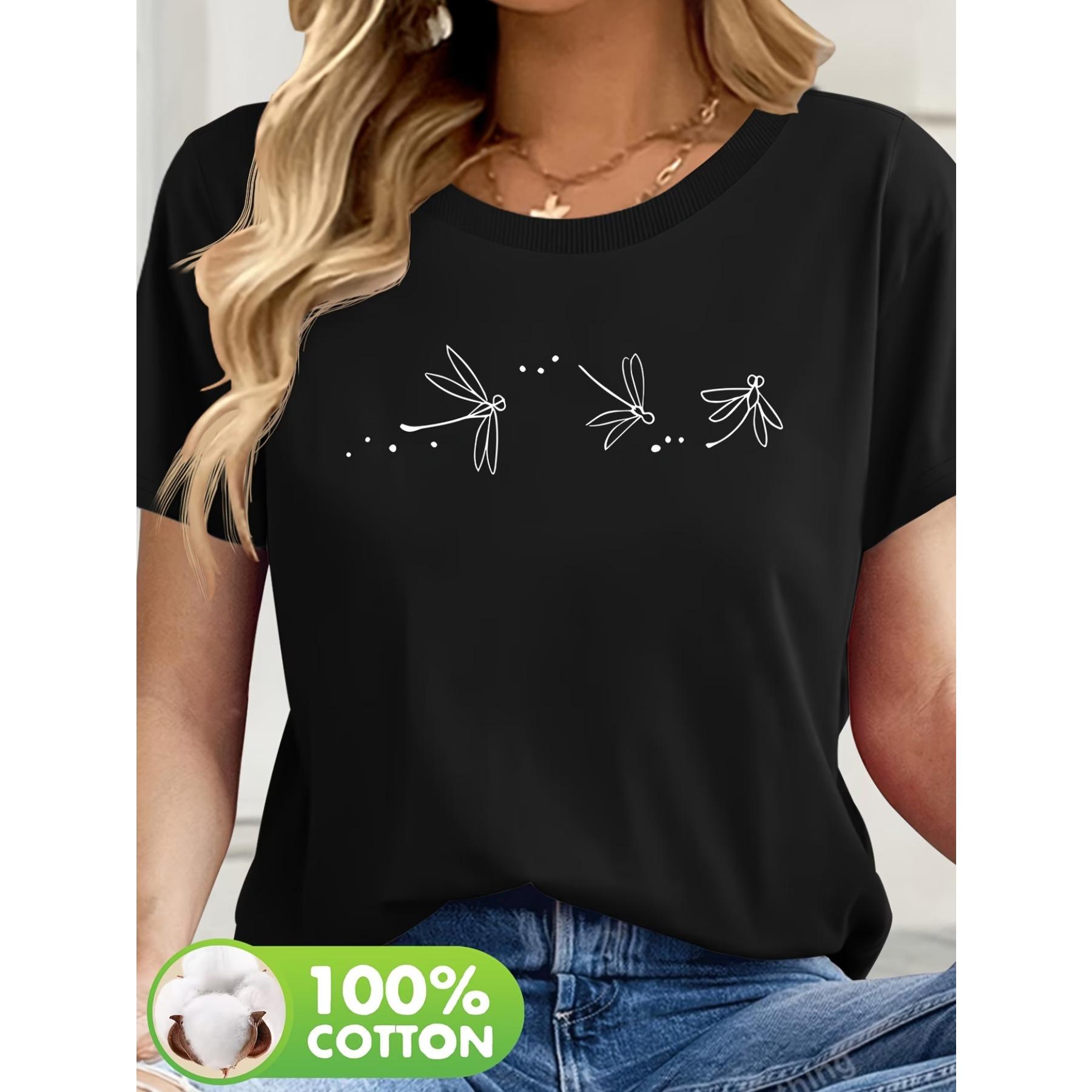 

Women s Casual Short Sleeve T-Shirt with Butterfly & Dragonfly Animal Print, Round Neck Regular Fit Machine Washable Spring Summer S чёрный