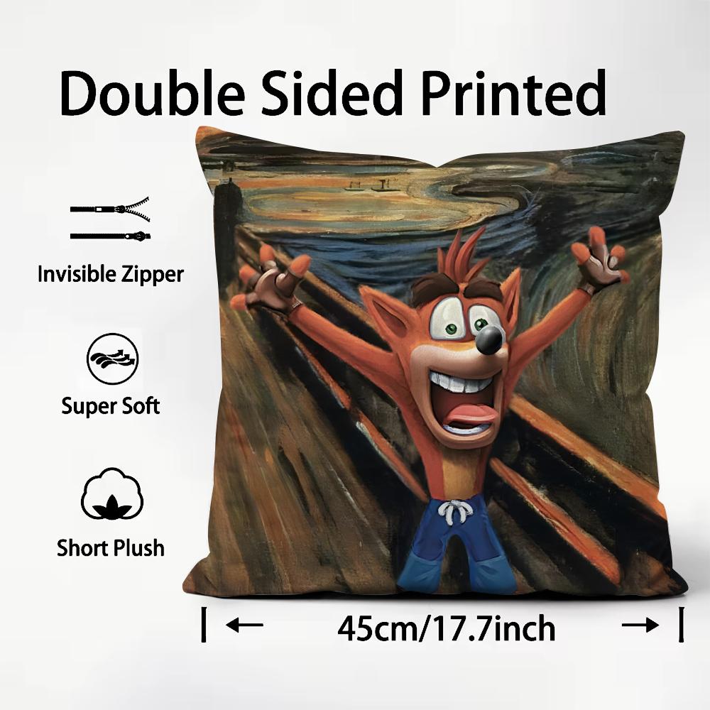 CCrash BandicootT Cartoon Cushion Cover Plush Fabric Soft DoubleSided Printed Sofa Warm Winter Home Child Gift Pillow Case