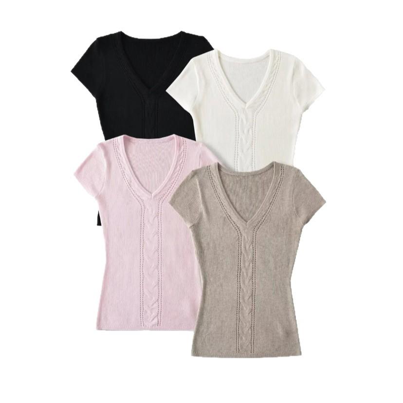Twisted hollow short-sleeved T-shirt women's summer new American Spice Girl solid color V-neck slim-fitting knitted bottoming top