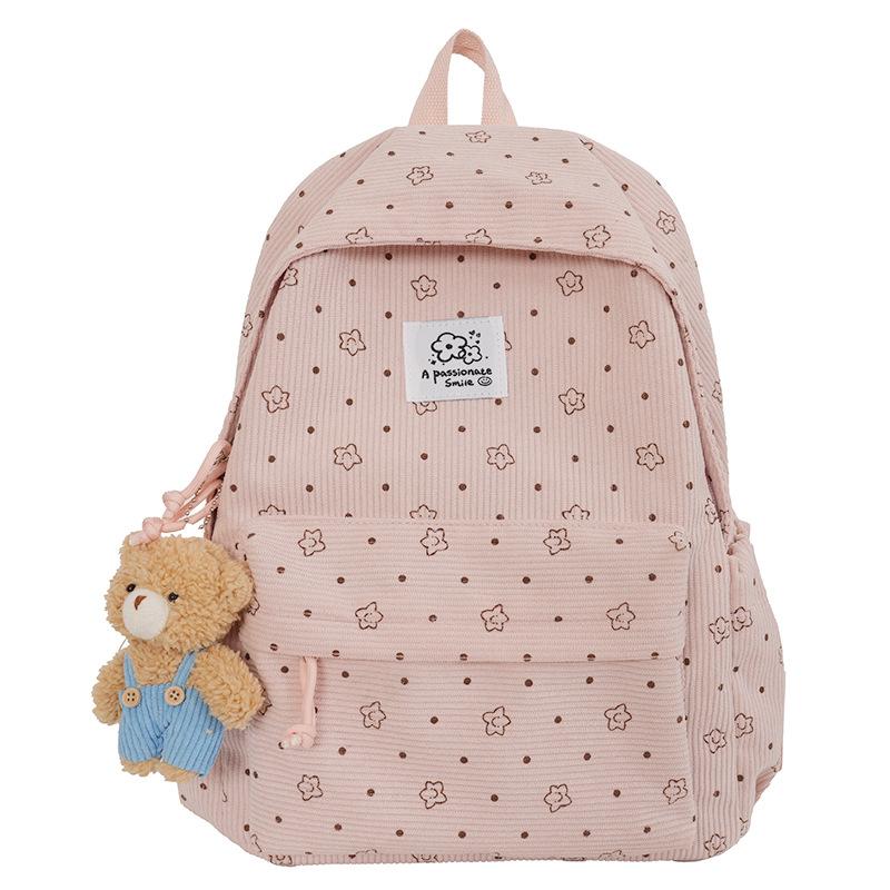 Schoolbag New Casual Double Backpack Corduroy Printed Backpack Middle School School Bag Bear Doll Pendant Backpack