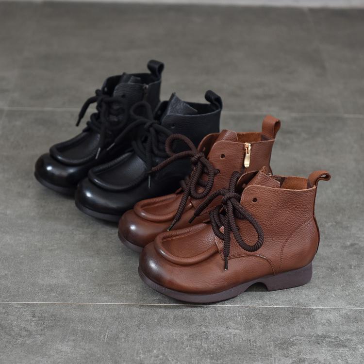 Johnature Vintage Cowhide Handmade Short Boots Genuine Leather Lace Up Round Toe Soft Soled Boots Women's Shoes
