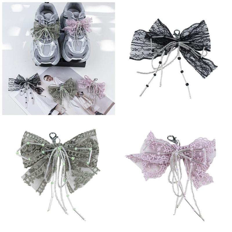 Elegant Lace Embroidered Shoe Clip with Beaded Butterfly Bowknot Handmade Bag Pendant Decorative Buckle for Footwear