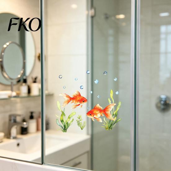 Aquatic Plant Window Decal Red Goldfish Design Sticker, Transparent Electrostatic Adhesion No Glue Auspicious Decor Glass for Living Room Bedroom