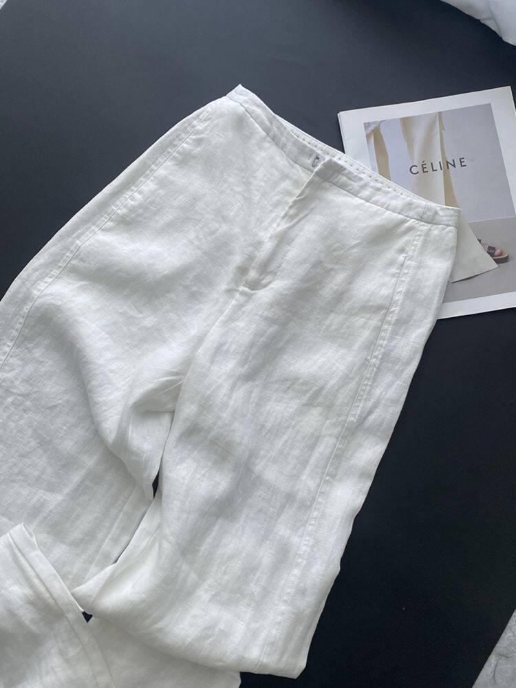 White High-Waisted Elegant Wide-Leg Cotton Linen Pants for Women - Spring 2026 Style Large