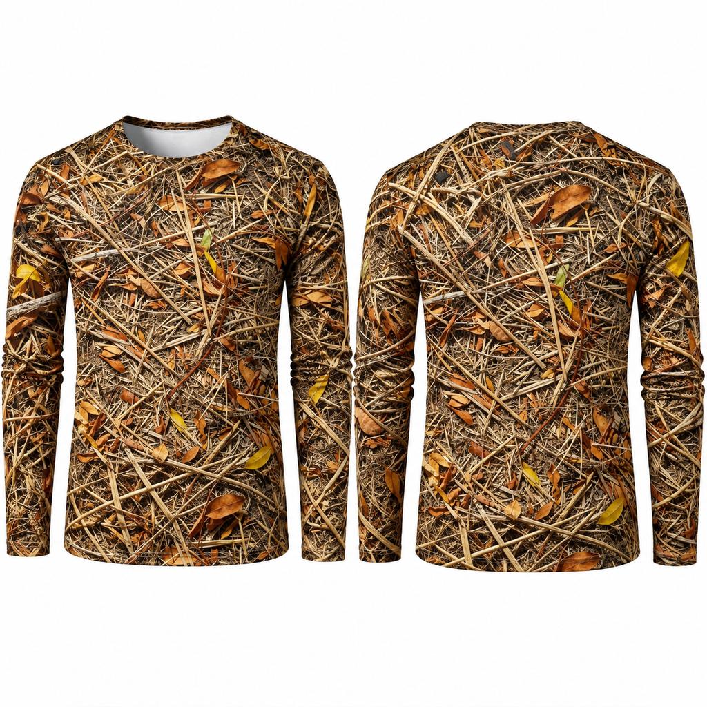 T-shirt Mimetica Bionica Foglia di Canna Corteccia d'Albero 3D da Uomo a Maniche Lunghe Casual Moda Personalizzata Comoda Traspirante Versatile T-shirt Autunnale