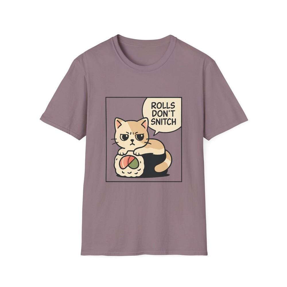 

Unisex Softstyle T-Shirt Suspicious Cat Humor Rolls Don’t Snitch Foodie Tee 4XL