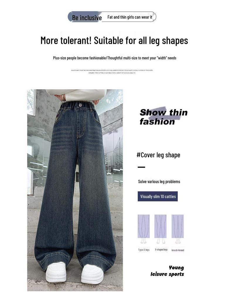 Jeans de Perna Larga Outono 2025 para Meninas - Calças Retas da Moda para Crianças Grandes e Estudantes do Ensino Fundamental