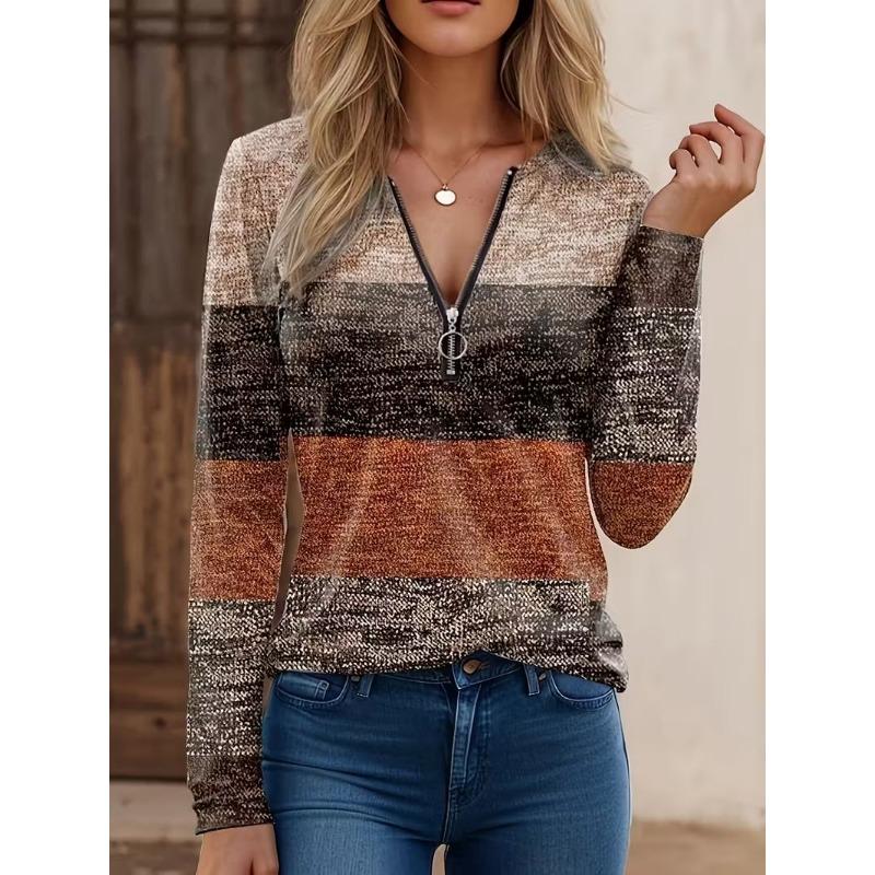 Elegantes Damenoberteil mit Reißverschluss und Print, langärmelig, stilvoll und vielseitig für Herbst und Winter, Freizeit- und Bürokleidung, maschinenwaschbar