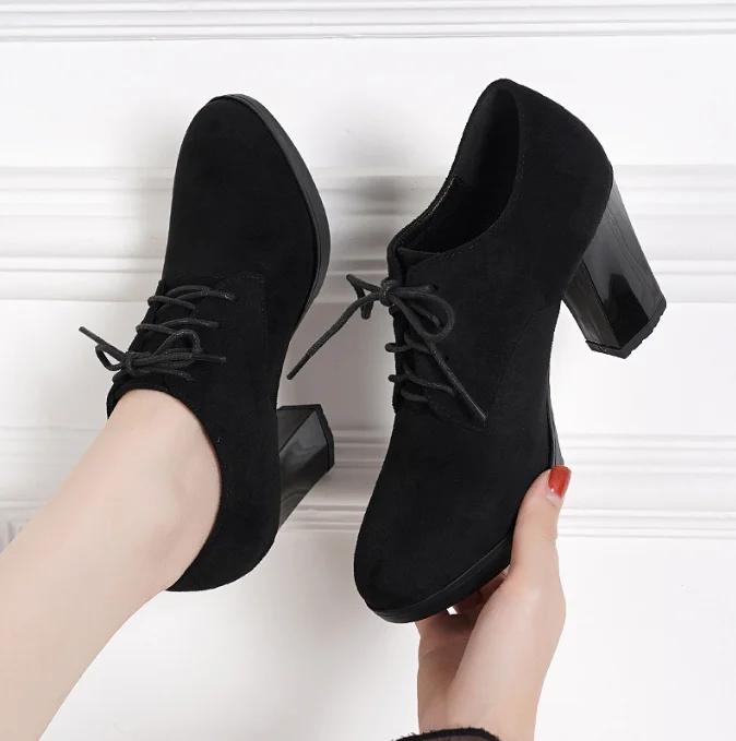 Women's High Heels Shoes Platform Bottom Black Work Shoes Woman Dress Spring Autumn Round Toe Thick Heel Big Size 43 Casual Pump